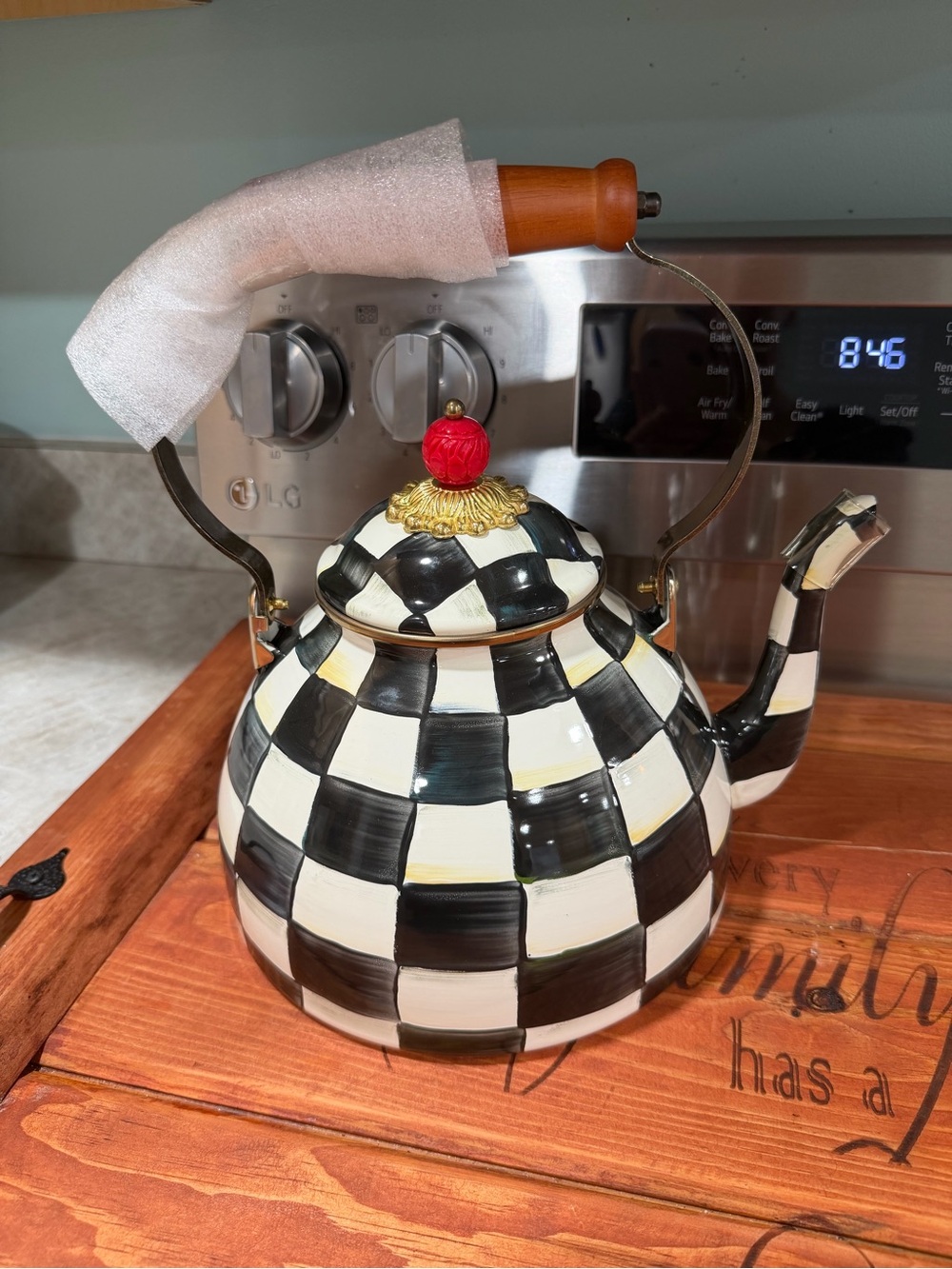 MacKenzie-Childs Black & White Checkerboard Teakettle with Red Finial